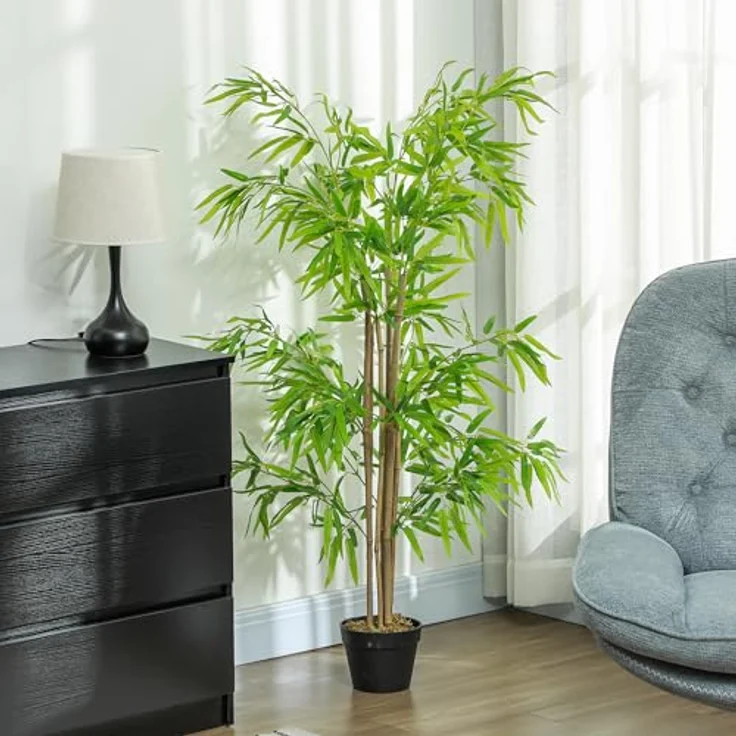 Outsunny HOMCOM künstlicher Bambus groß 150cm Kunstpflanze, Plastik Künstliche Pflanzen im Topf, Fake Plant Bambus wie echt mit Kunstmoos für Wohnzimmer Schlafzimmer Büro Garten Moderne Dekoration, grün – Bild 2