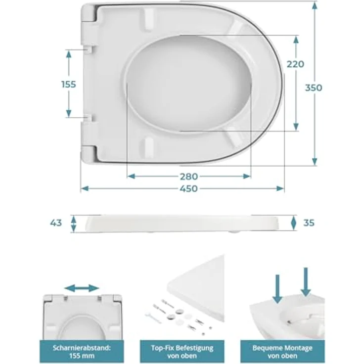 Calmwaters WC-Sitz Keramag Icon 204000 & 204060, D-Form mit Absenkautomatik, antibakteriell und kratzfest, Weiß – Bild 5