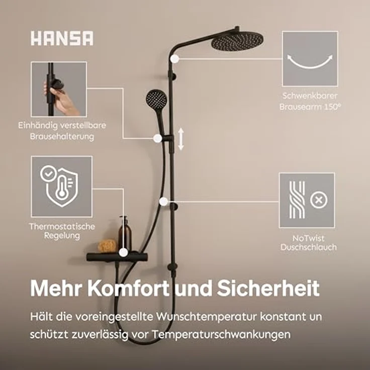 HANSA VIVA Duschsystem Komplettset, Thermostat mit Regendusche und Handbrause, dreistrahlig, inkl. MagShelf Magnetablage, schwarz – Bild 4