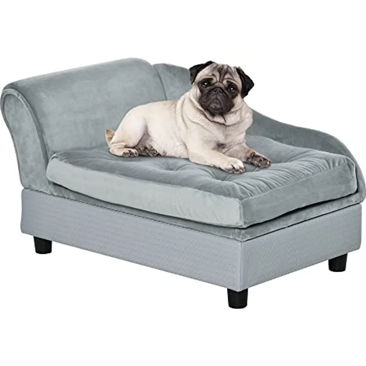Pawhut Haustiersofa mit Matte, Hundebett, Hundematte, Hundesofa mit Lagerraum, Naturholz+Plüsch, Hellgrau, 76 x 45 x 41,5 cm – Bild 1