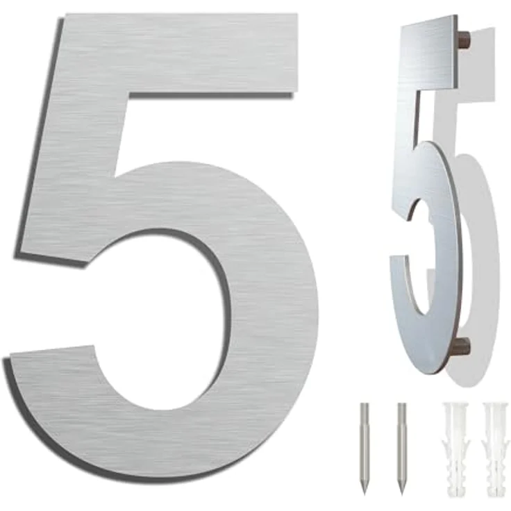 Ywonoby Edelstahl Hausnummer 152 mm - Wetterfest, Pflegeleicht, Metallic Mattes Silber Finish, Moderner Schwebender Stil, Einfache Installation, Arial Ziffer 5 – Bild 1