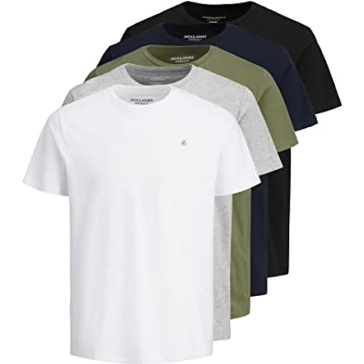 Jack & Jones Jorijxj, Herren Shirt 5er-Pack, Kurzarm, Rundhalsausschnitt, Normalfit, Weiß, Blau, Schwarz, Grün, Grau, (M) – Bild 2