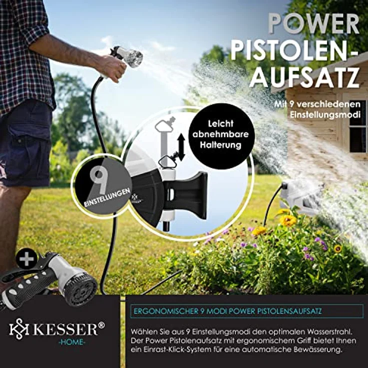 KESSER Schlauchtrommel Schlauchaufroller Wasser Multi-Handbrause 180° Schwenkbar Aufwickelstopper Wandhalterung Wand-Schlauchbox Wasserschlauchtrommel Gartenschlauch Grau, 15 Meter – Bild 6