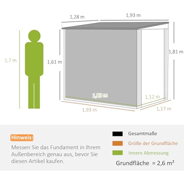 Outsunny Metall Gerätehaus 2,7m² 128x193x181cm Geräteschuppen mit Pultdach und abschließbarer Tür - wetterfest, dunkelgrau – Bild 5