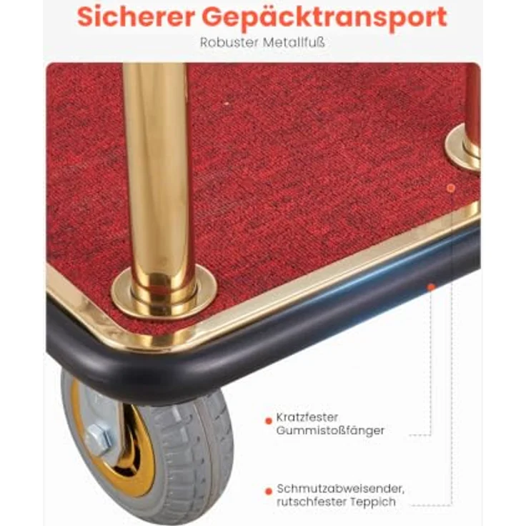 VEVOR Hotelgepäckwagen, Edelstahl-Pagenwagen mit 500 kg Tragkraft, rotem Teppichboden und 15 cm Gummirädern, ideal für Hotels und Resorts – Bild 5