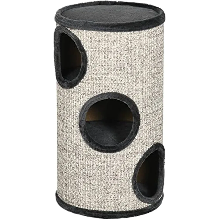 PawHut Kratztonne, Höhe 70 cm, Spieltonne für Katzen, 3 Ebenen, Katzenkratzbaum mit 3 Höhlen, Katzenbaum, Kratzturm aus Sisal, Katzenmöbel, Plüsch, Grau