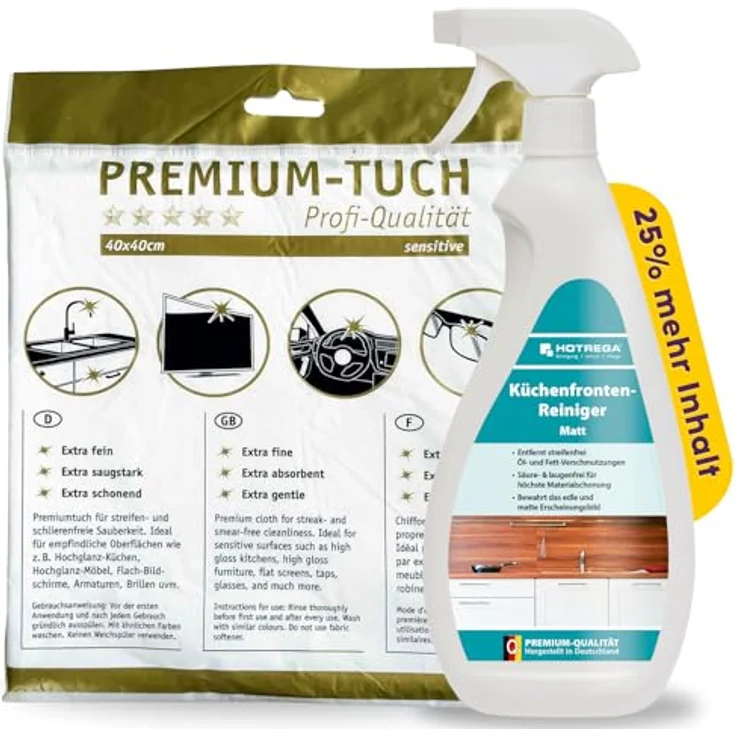HOTREGA® Küchenfronten Reiniger matt streifenfrei 750ml + Premiumtuch, materialschonender Intensivreiniger für matte Oberflächen – Bild 1