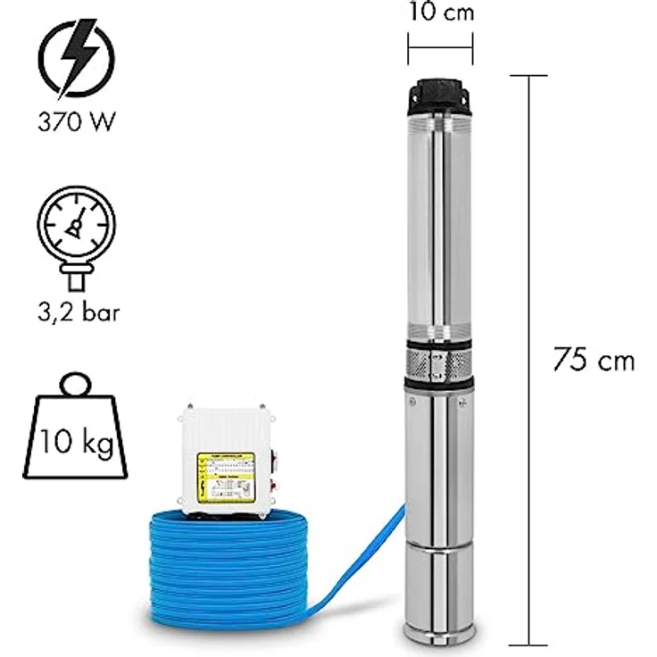 EBERTH 4" Tiefbrunnenpumpe, Edelstahl, 370W, 31m Förderhöhe, 20m Kabel, mit Schmutzsieb – Bild 2