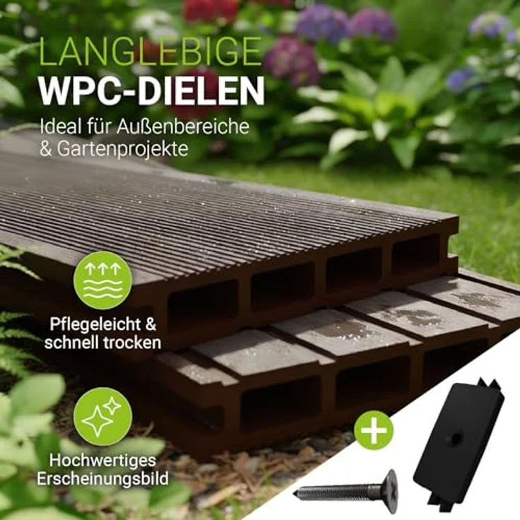 Juskys WPC-Terrassendielen 8 m², 24 Dielen 14.6x220 cm, wetterfest, raue Oberfläche, 330 kg/m² belastbar, Farbe Braun – Bild 4
