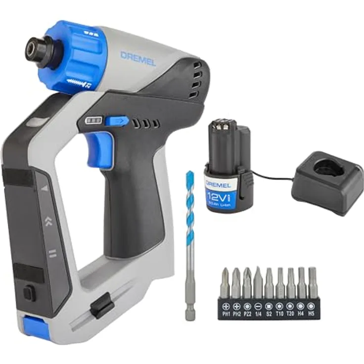 DREMEL Blueprint 12V 3-in-1 Akku-Bohrschrauber Multischrauber Set mit Ortungsgerät, abnehmbarer Linienlaser, 2.0 Ah Akku, 9 Schrauberbits, Wasserwaage und Ladegerät