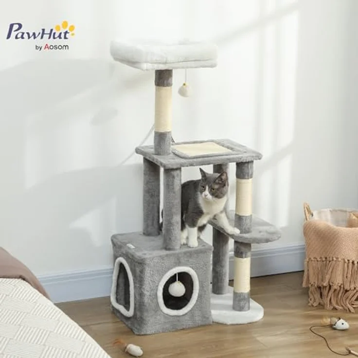 PawHut Kratzbaum 107 cm, mehrstöckiger Katzenturm mit Höhle, 2 Plüschballen, Sisalstämme, große Plattform, für Katzen bis 5 kg, Grau – Bild 2