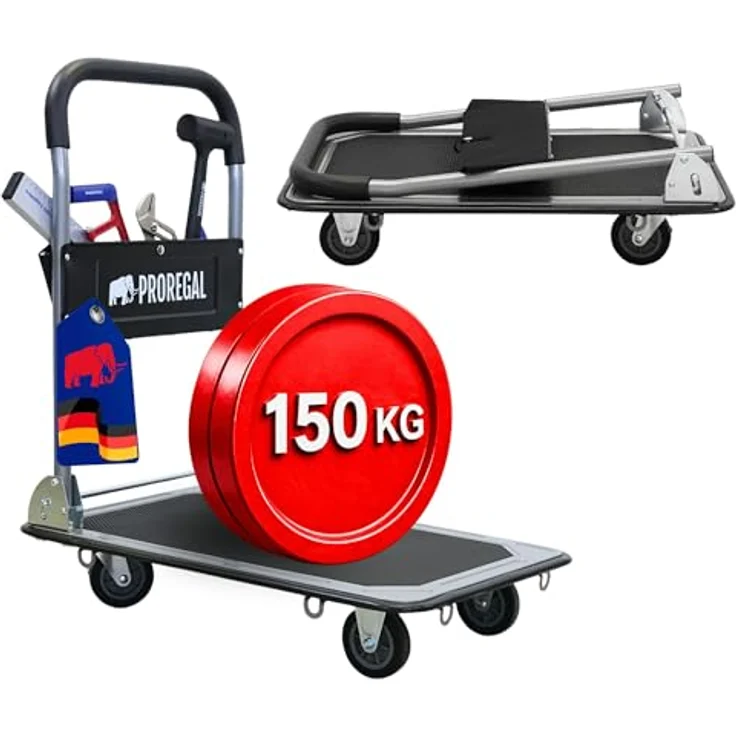 PROREGAL® Transportwagen RHINO, klappbar, 150 kg Traglast, 2x 360° Lenkrollen & 2x Bockrollen mit Feststellbremse, rutschfeste Ladefläche 61x47 cm, inkl. Werkzeugtasche – Bild 1