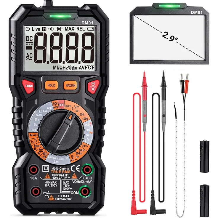 DM01 Digitales Multimeter TRMS 6000 Counts, LED Intelligent Indicator Jack, Manul Ranging Measuring AC/DC Voltage, AC/DC Current, Resistance, Capacitance, Frequency/Duty, Diode, Continuity Test, NCV+Live -DM01