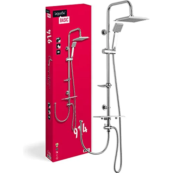'aquaSu® Basic Duschsystem 914 | Ø 7,5 cm Handbrause mit Regenstrahl | Ø 20 x 20 cm Kopfbrause | Anti-Kalk | Wassersparend | 95 cm Duschstange | Metall-Brauseschläuche Typ 1/2 ' | Chrom | 72791 4