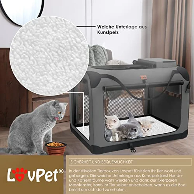 Lovpet® Hundebox Hundetransportbox faltbar Inkl.Hundenapf M 60x42x42cm Transporttasche Hundetasche Transportbox für Haustiere, Hunde und Katzen Haustiertransportbox Anthrazit – Bild 4
