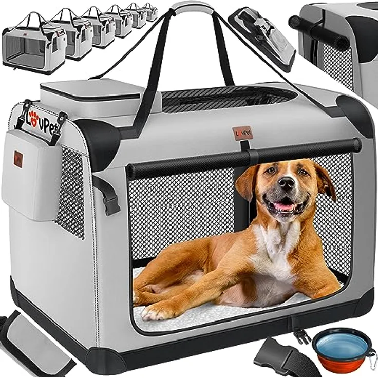 Lovpet® Hundebox Hundetransportbox faltbar Inkl.Hundenapf XL 81,3x58,4x58,4cm Transporttasche Hundetasche Transportbox für Haustiere, Hunde und Katzen Haustiertransportbox Hellgrau