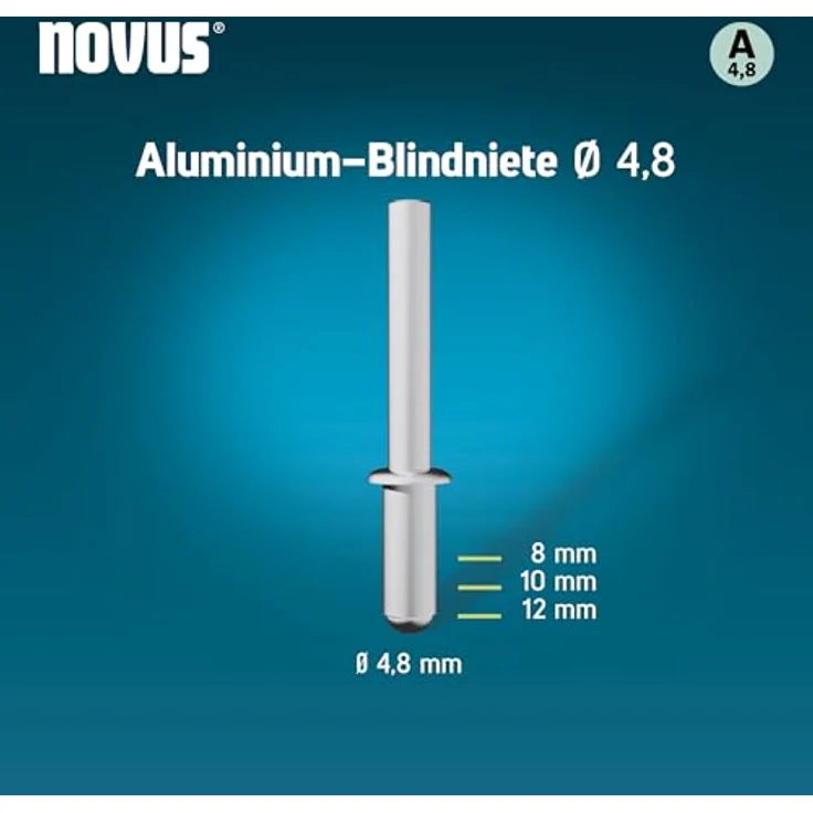 Novus Tools Aluminium-Blindnieten Ø 4,8 mm, 8 mm Länge, 30 Stück, Klemmlänge 2,5-4,0 mm, für Nichteisen-Metall, Kunststoff, Leder und Stoffe – Bild 2