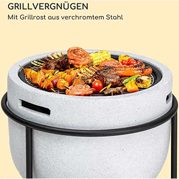 Blumfeldt Feuerschale, Tragbare Feuerstelle Outdoor, mit Grillrost & Holzlagerfach, Stahlschale, 52 x 46 x 52 cm, in Stein-Design – Bild 3