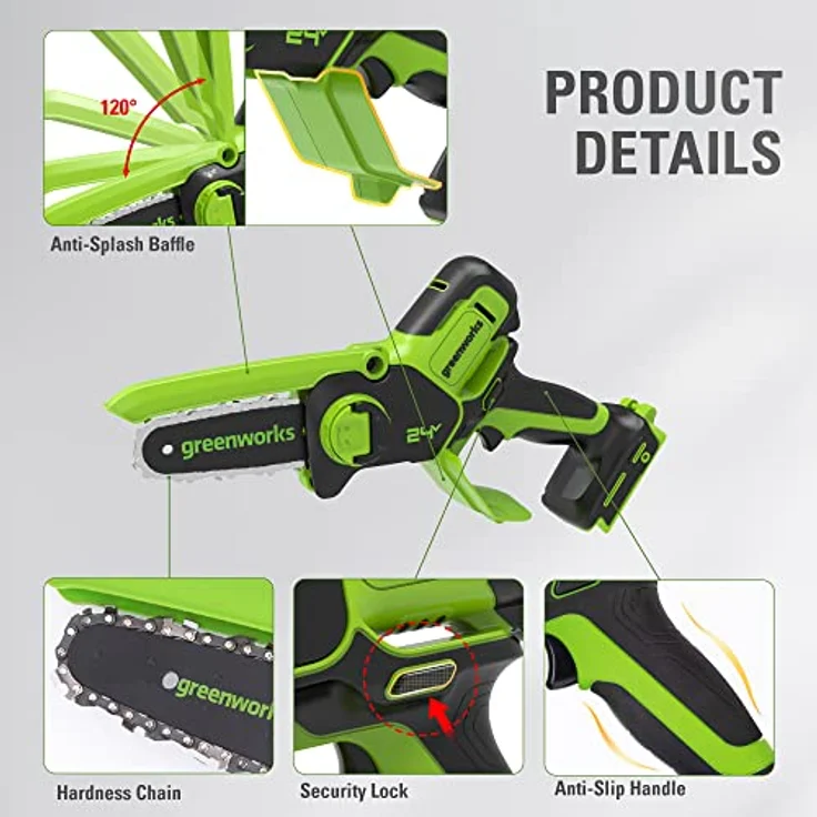 Greenworks G24MCS10K2, 24 Volt Mini Akku Kettensäge mit 450 Watt, Akku und Ladegerät, leicht und handlich – Bild 7