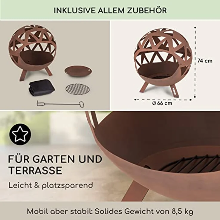 Blumfeldt Feuerschale, Robuste Outdoor Stahl-Feuerschale 68 cm, Wetterfest, mit Standfuß, Garten & Camping – Bild 4
