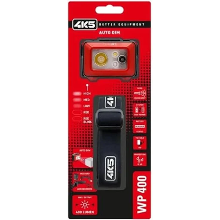4K5 Tools Kopflampe WP 400 (LED-Lampe, Leuchtkraft bis 400 Lumen, mit Dimmfunktion, verstellbares Stirnband, drei Leuchtstufen, spritzwassergeschützt) – Bild 4