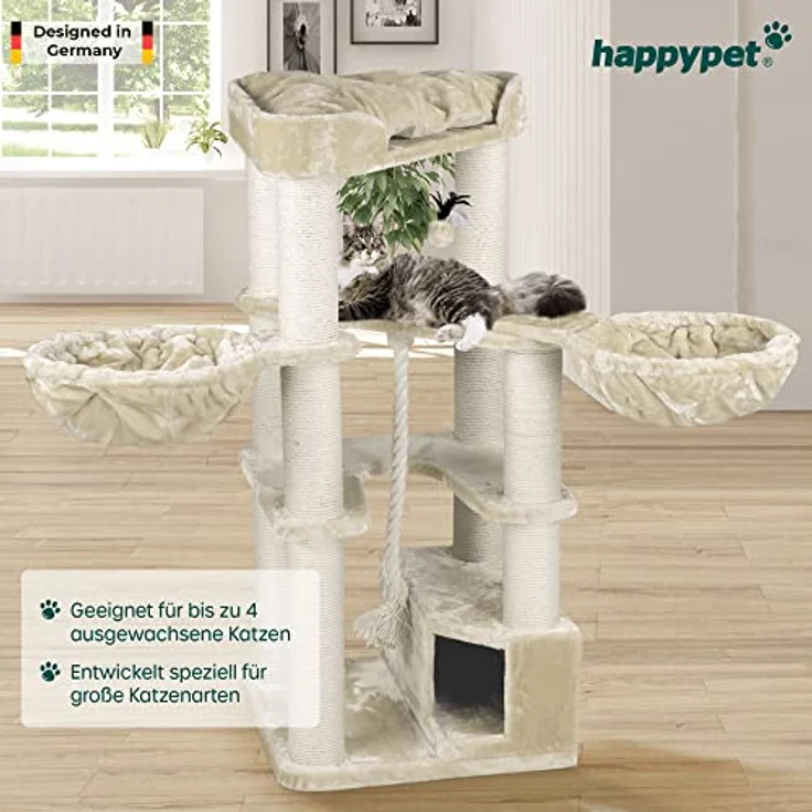 HAPPYPET Kratzbaum für große Katzen 'Oscar' - Premium Katzenbaum stabil 44 kg, 12 cm Dicke Stämme für schwere Katzen Maine Coon, 600g Plüsch, 2 Liegemulden und Höhle, geprüftes Holz, Creme – Bild 5