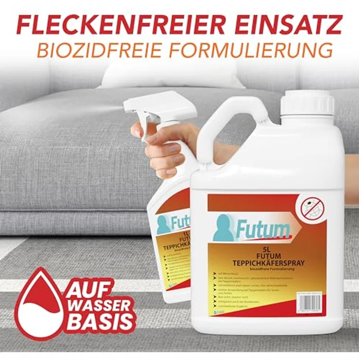FUTUM Teppichkäferspray, biozidfreie Formel auf Wasserbasis, 5 l, geruchsarm, brennt/ätzt nicht, Insektenabwehr – Bild 6