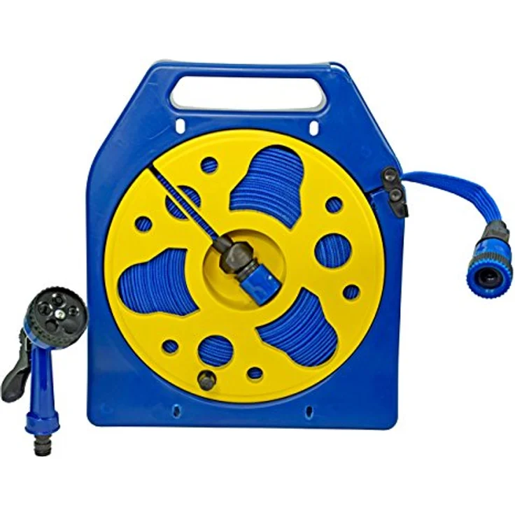YACHTICON Kassetten Flachschlauch 15m, gewebter Wasserschlauch mit Schnellanschlüssen und Handbrause für 1" und 3/4" Wasserhahnanschlüsse – Bild 1