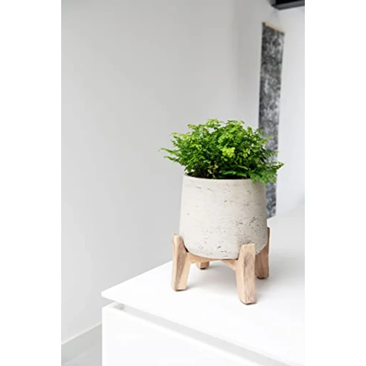 Finestgreen Patt Feet Low | Handgefertigtes Pflanzgefäß auf Holzfüßen (M Ø:16,5 Ö:13,2 H:22 cm, Grau) | Pottery Pots – Bild 2