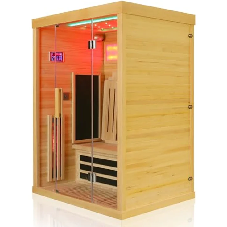Dewello Infrarotkabine SALTCOATS 135 Wärmekabine, bis zu 2 Personen, BxTxH: 135 x 105 x 190 cm, mit Farblichttherapie, Ionisator, Natursalzstein, Multimedia (USB & Bluetooth) - Hemlock Holz, leichter Aufbau – Bild 2