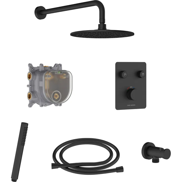 CHRIS BERGEN Aquatronic Unterputz Duschsystem, Chrom und Schwarz matt, mit Thermostat und edlem Zubehör