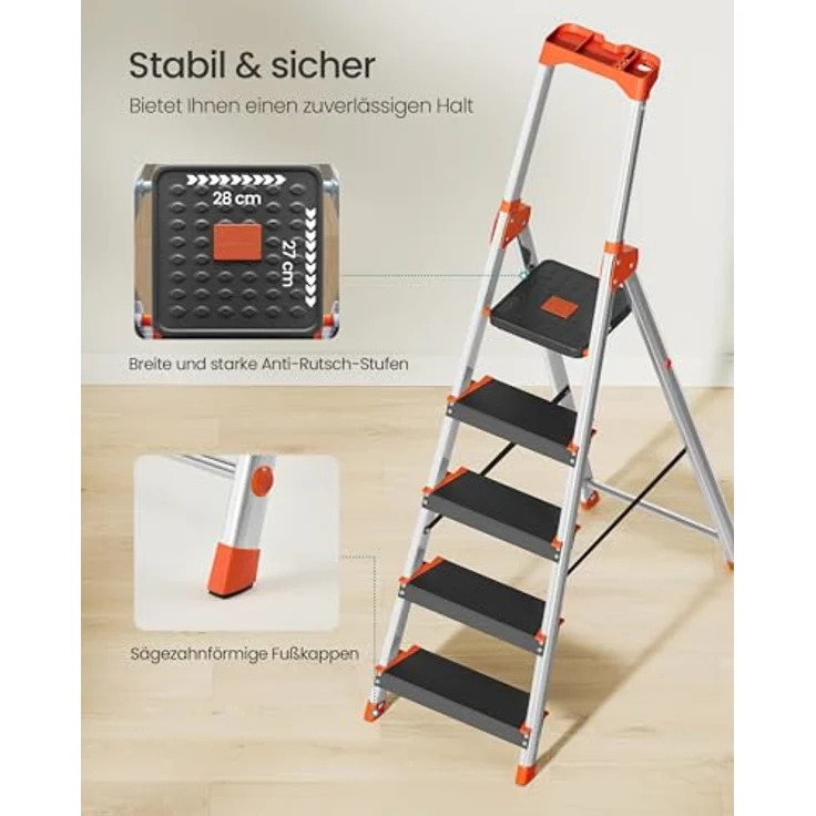 SONGMICS Leiter mit 5 Stufen, Aluleiter, 12 cm breite Stufen mit Riffelung, Anti-Rutsch-Füße, mit Handlauf, Werkzeugschale, bis 150 kg belastbar, schwarz-orange – Bild 4