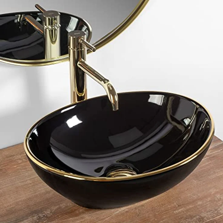 Rea Aufsatzwaschbecken Sofia Black Gold Edge aus hochwertiger Keramik 410 mm x 345 mm x 150 mm für Badezimmer – Bild 2