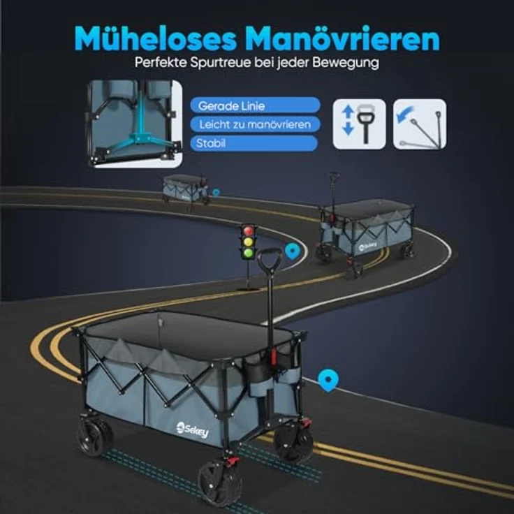 Sekey XXL Plus Bollerwagen Faltbar, 200L Volumen, 200KG Tragkraft, Patentierter Faltmechanismus, All-Terrain Räder, Blau-Grau – Bild 4