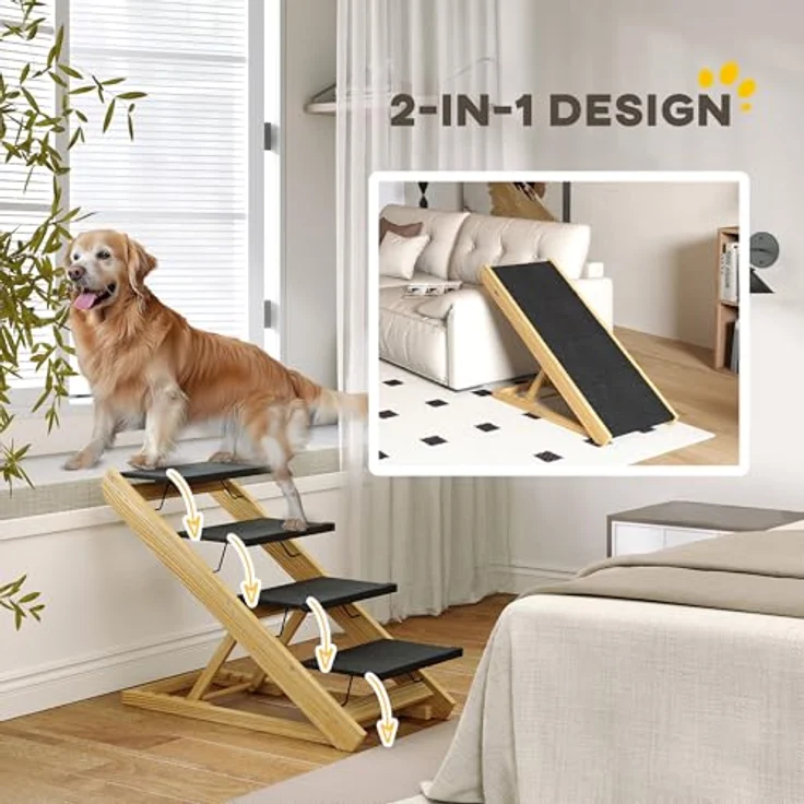 PawHut 2 in 1 Hundetreppe 4-stufige 62,5 cm Höhenverstellbar Haustiertreppe Klappbar Hunderampe mit Rutschfester Oberfläche für große Hunde bis 40 kg, Katze, Natur – Bild 4
