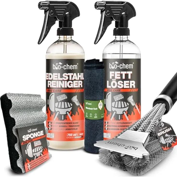 bio-chem Fettlöser Set, 5-teiliges Set mit 750 ml Fettlöser, 750 ml Edelstahlreiniger, Grillbürste, Reinigungsschwamm und Mikrofasertuch für milde Reinigung von Edelstahl und Aluminium – Bild 1