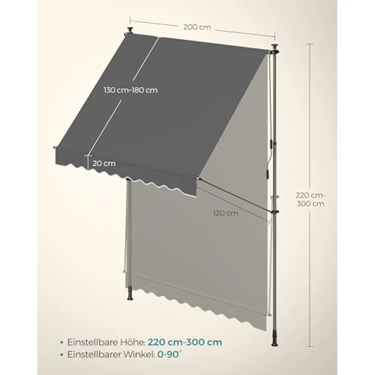 SONGMICS Klemmmarkise, höhenverstellbar, mit Handkurbel, Sonnenschutz, 200 x 120 cm, anthrazit – Bild 5