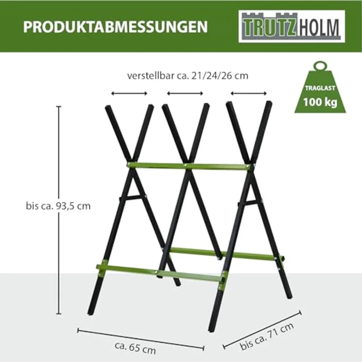 TRUTZHOLM Holzsägebock klappbar, pulverbeschichtet, 100 kg Traglast, 3-fach verstellbar, schwarz/grün – Bild 2