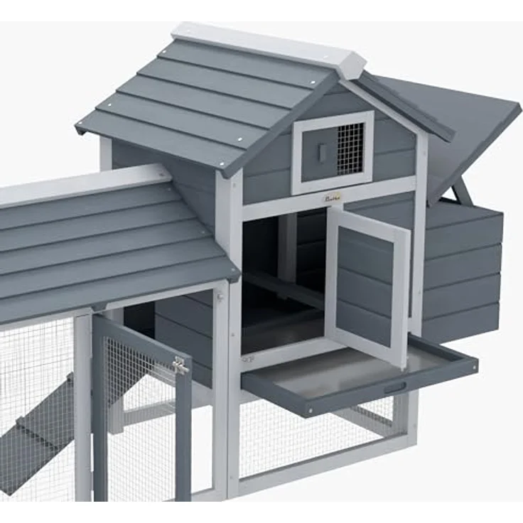 PawHut Hühnerstall Zwerghühnerstall mit Freigehege, Nistkasten und herausnehmbarer Bodenwanne für Garten und Balkon, grau – Bild 9