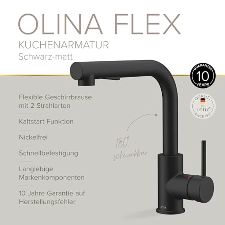 Lenz Küchenarmatur OLINA FLEX, extra hohe Schwarz-matt Armatur mit flexibler Brause, Easy-Weight-System und Cold-Start-Funktion – Bild 4