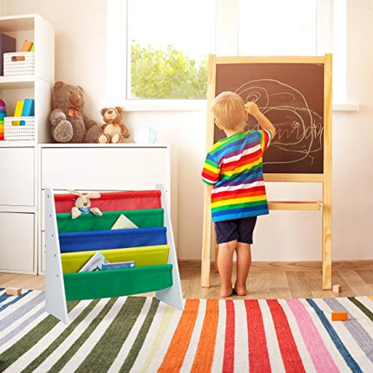 Relaxdays, Mehrfarbig Bücherregal für Kinder, Aufbewahrungsregal, Spielzeugregal, aus MDF+Polyester, mit 4 Stofffächern, Standard – Bild 3