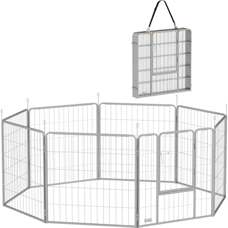 PawHut Welpenlaufstall, 8-TLG Freilaufgehege aus rostfreiem Stahl, 80 cm hoch, flexibel konfigurierbar mit Einwegtür und Erdspießen für drinnen und draußen