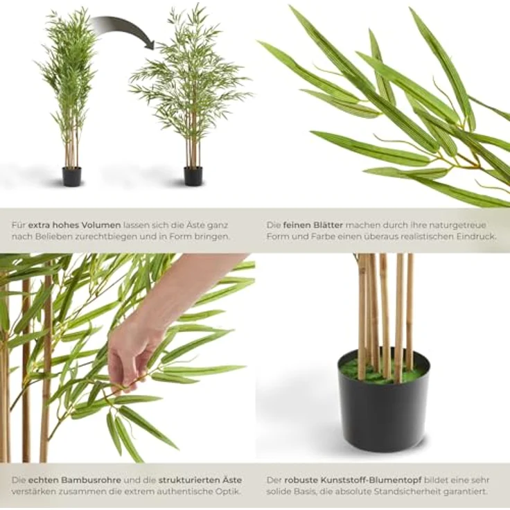 tectake Bambusbaum Bambosa, Künstlicher Baum mit naturgetreuen Blättern, 150 cm, Grün, pflegeleicht, dekorativ – Bild 4