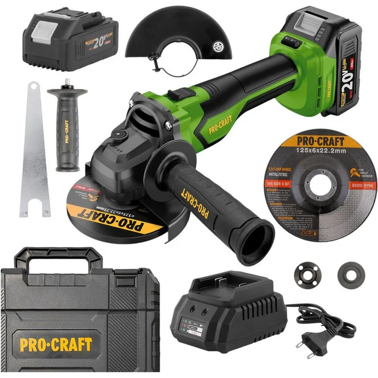 PRO CRAFT PGA22-1B-C Akku-Winkelschleifer, 20 V mit 125 mm Scheibe, bürstenlos, inkl. 4,0 Ah Akku, Ladegerät und Koffer