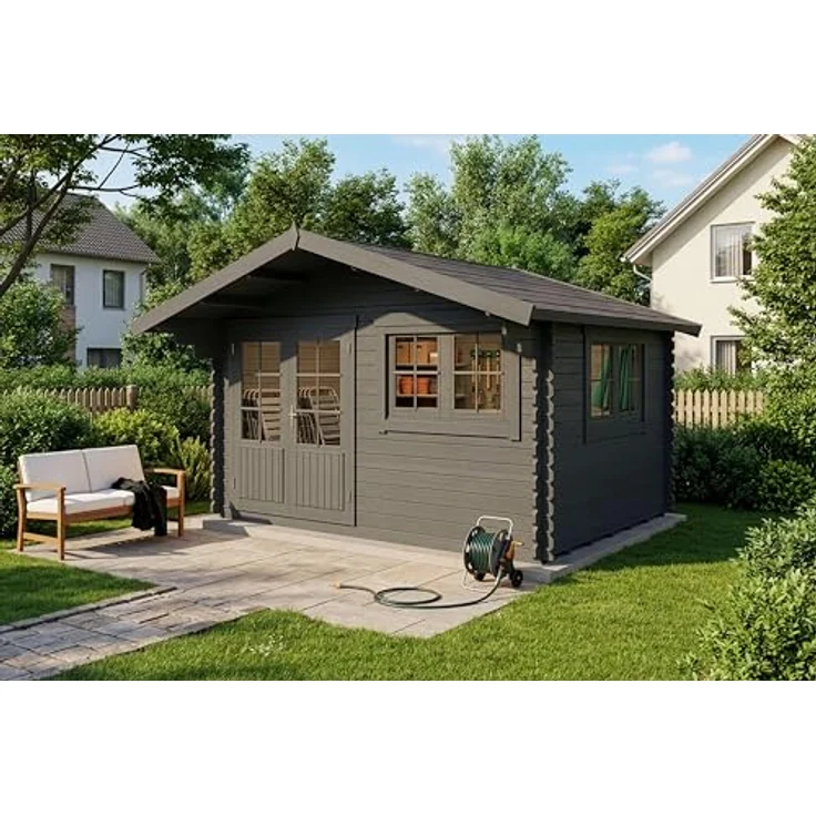 Alpholz Gartenhaus Gabriel-34 400 x 300 cm, BxT: 428x367 cm, B 428 x T 367 x H 263 cm, Leimholz-Doppeltür, Doppelfenster, 34 mm Wandstärke, grau imprägniert - Preisvergleich – Bild 2