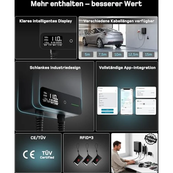 dé 11kW Wallbox mit 7.5m Kabel, App-Version, Type 2 Anschluss, RCD Typ B Sicherheitschutz, einstellbarer Ladestrom – Bild 3