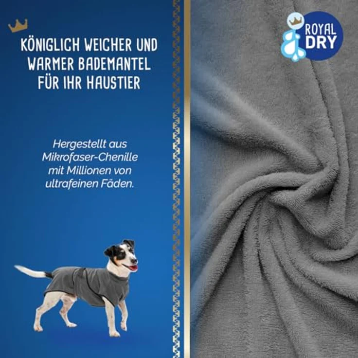 Royal Dry Mikrofaser Bademantel Hund S, schnell trocknend mit Klettverschluss, grau, für kleine Hunde (Rückenlänge 37-45 cm) – Bild 3