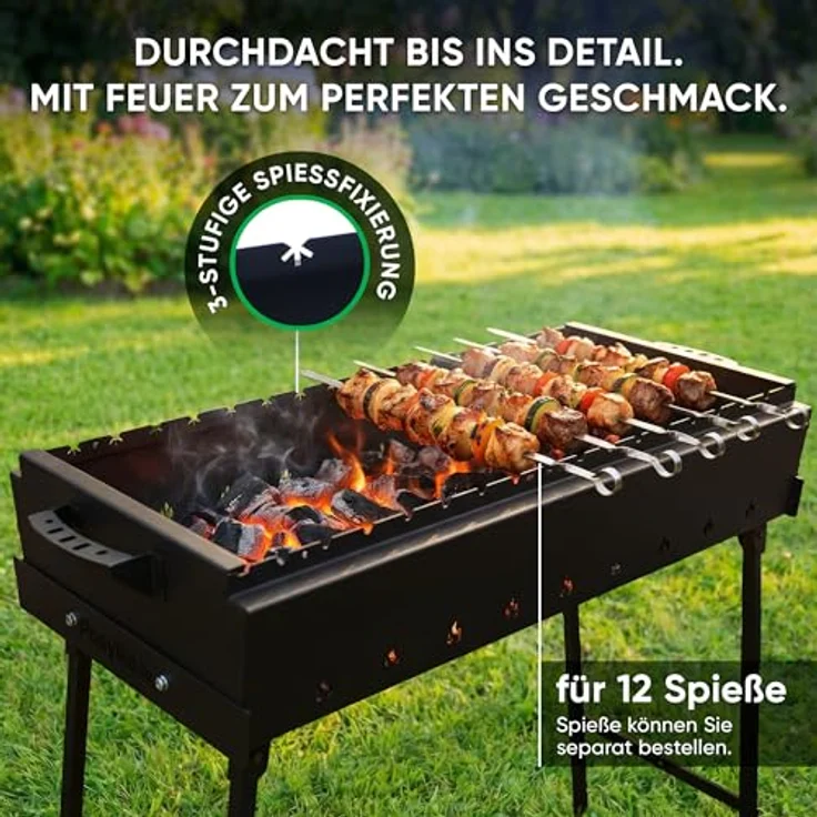 SchaschlykOFF Klappgrill Mangal 70 cm, faltbar aus 2 mm Stahl für 12 Spieße, inkl. Grillzange, BBQ Holzkohlegrill mit tiefer Brennkammer – Bild 5