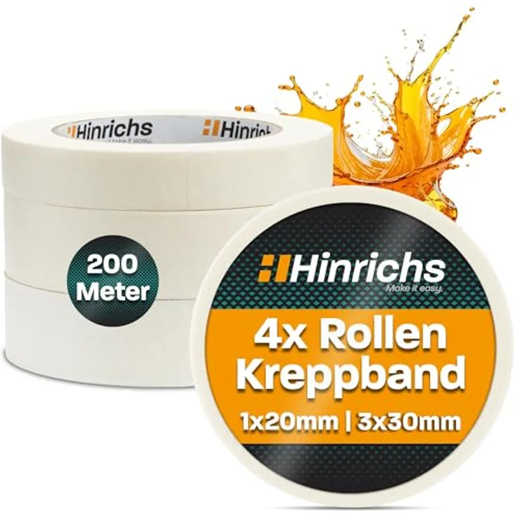 Hinrichs 4 x Kreppband - 3 Rollen 50 m x 30 mm plus 1 Rolle 50 m x 20 mm – Malerkrepp für sauberes Abkleben der Abdeckfolie bei Malerarbeiten