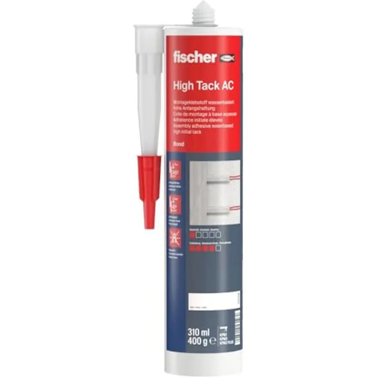 fischer High Tack AC Montageklebstoff, geruchsneutraler, wasserbasierter Acrylatkleber für Innenbereich, 310 ml, weiß